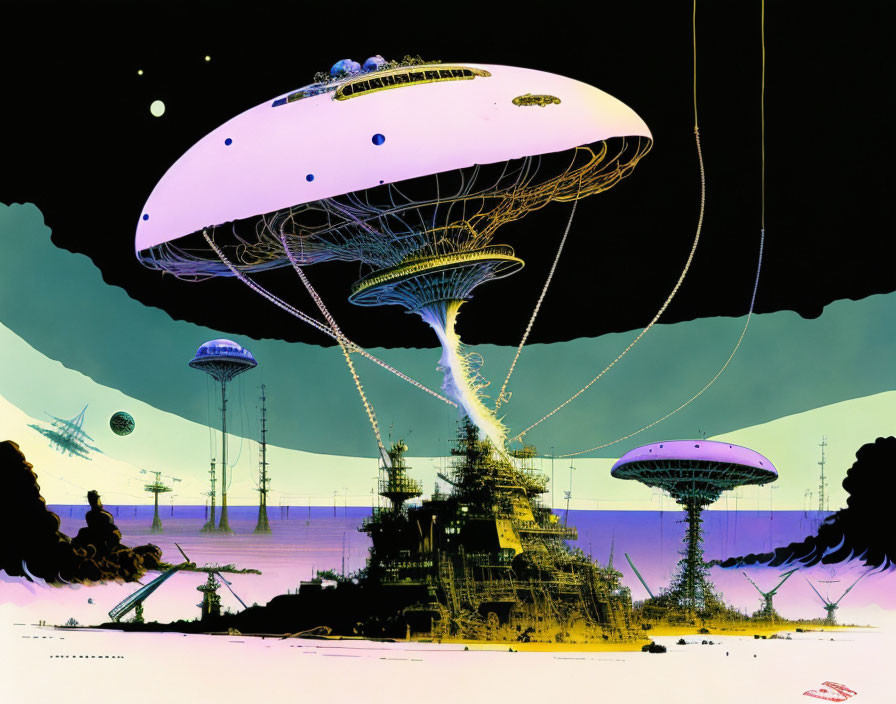 Illustration of floating cities and mushroom-shaped structures in alien landscape