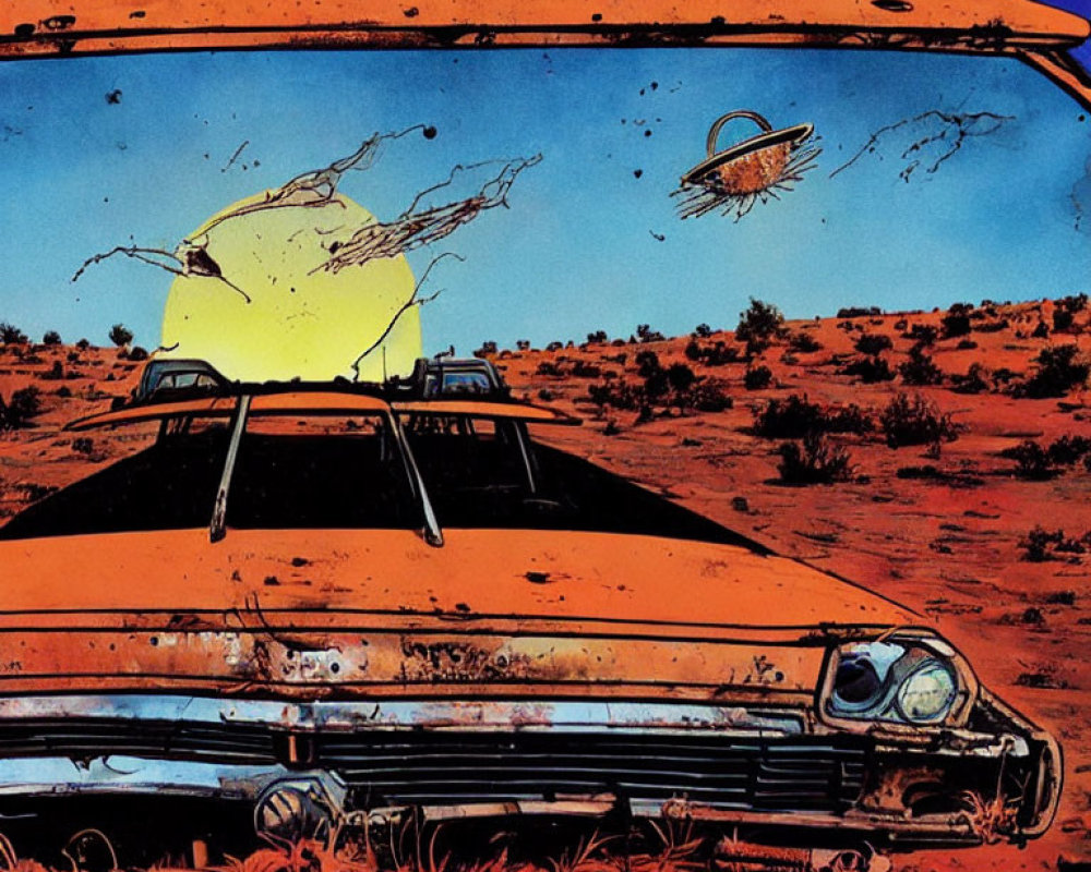 Abandoned orange car in rocky landscape with cracked windshield and distant planet.