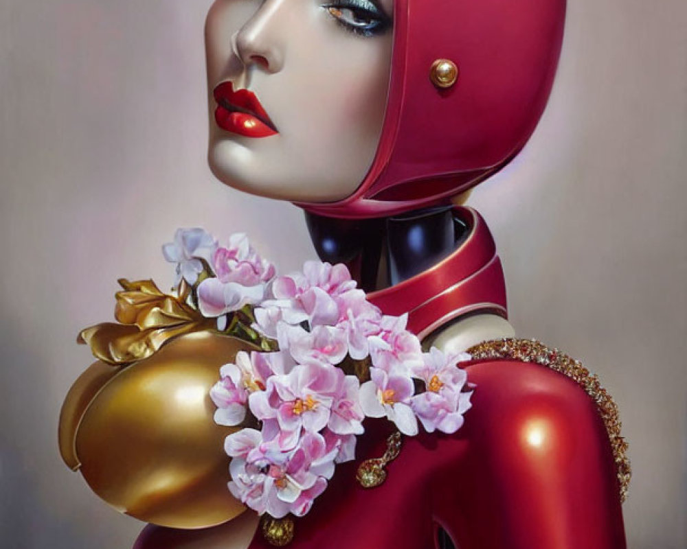 Female android with red and gold design and pink flowers.