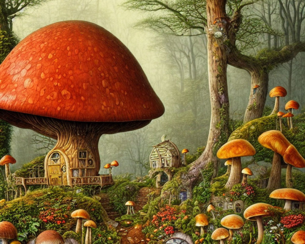 Fantasy forest scene with oversized mushrooms and lush greenery