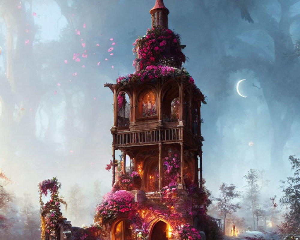 Enchanted forest tower with pink flowers under crescent moon