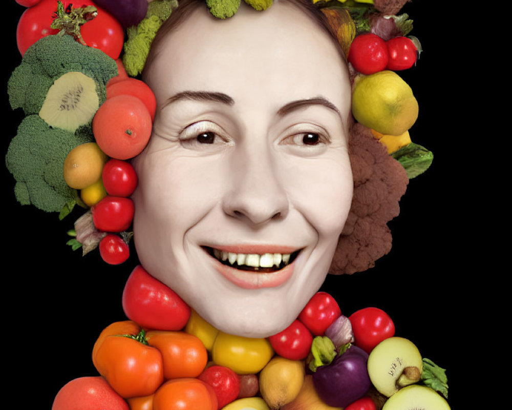 Person's head surrounded by colorful fruits and vegetables on black background