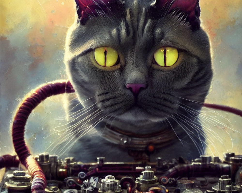 Steampunk-style digital artwork featuring a cat with yellow eyes and mechanical body parts