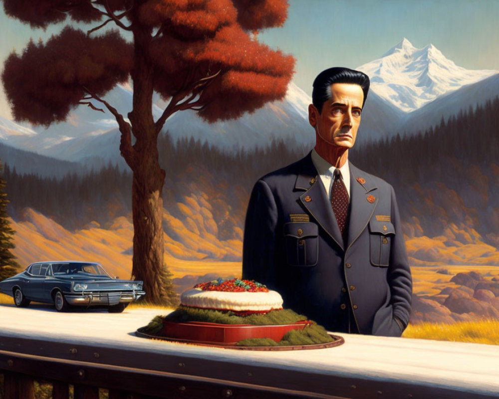 Military man with cake, classic car, and mountain view