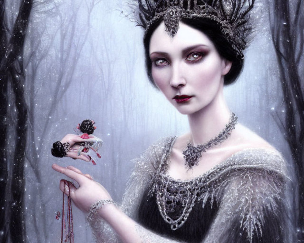 Pale woman with branch-like antler crown in snow-covered forest holding red object