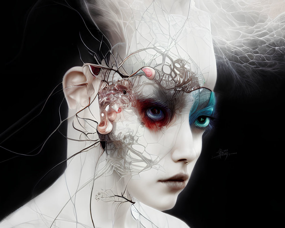 Surreal digital artwork: humanoid figure with cybernetic enhancements and red/blue facial coloring, accompanied