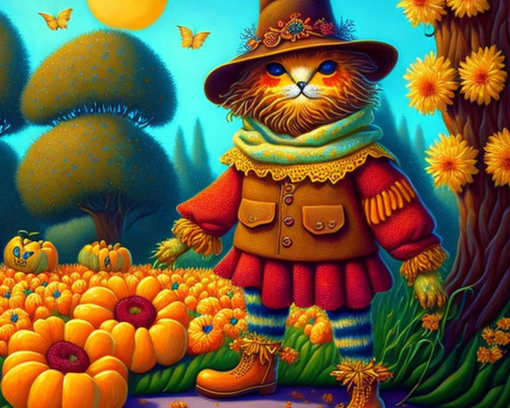 Anthropomorphic cat in red jacket and hat in pumpkin patch under yellow moon