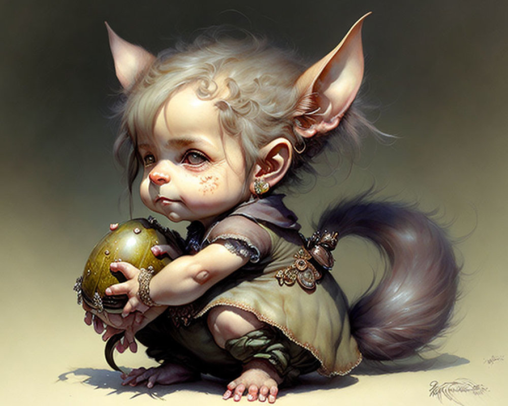 Young creature with pointy ears, large eyes, fluffy tail holding mystical orb