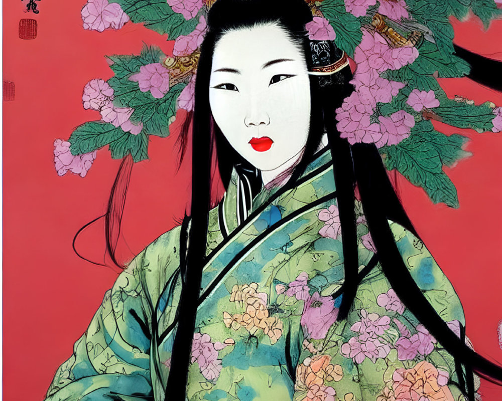 Colorful Traditional Asian Woman Illustration in Floral Kimono