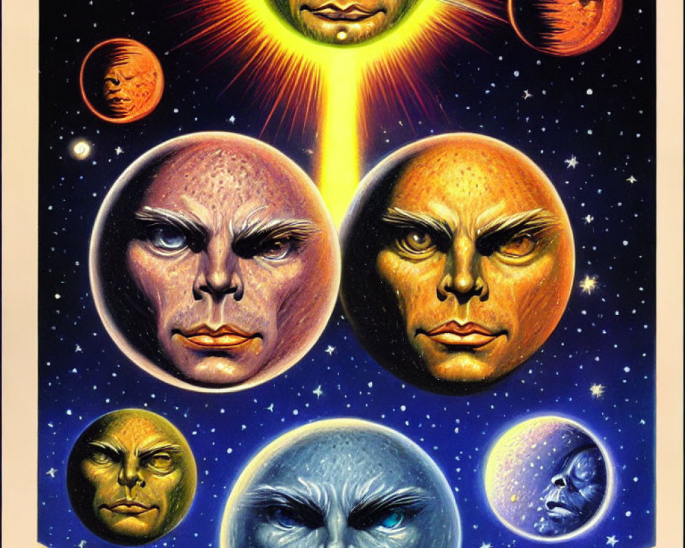 Illustration of central sun with planets and human-like faces in starry space