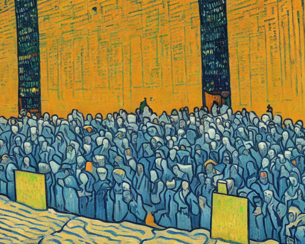 Colorful painting of blue figures in a crowded city scene