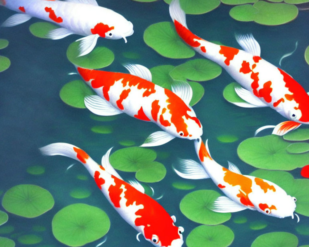 Colorful Koi Fish and Lily Pads in Tranquil Pond