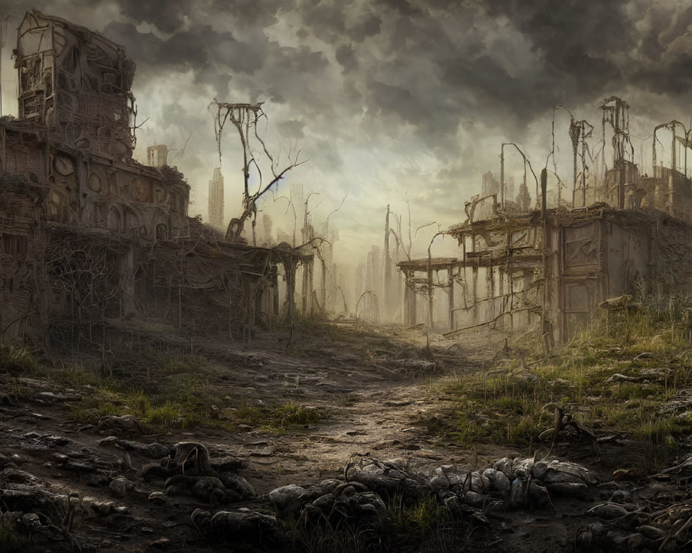 Desolate post-apocalyptic landscape with crumbling buildings and ominous sky