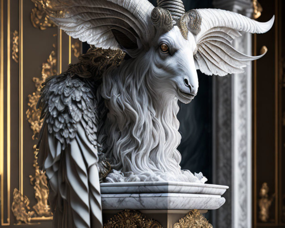 Mythical creature sculpture with goat head and wings in ornate room