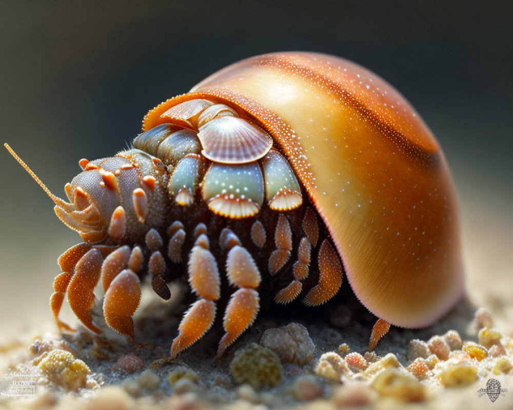 Detailed close-up of a hermit crab with smooth brown and tan shell emerging on sand