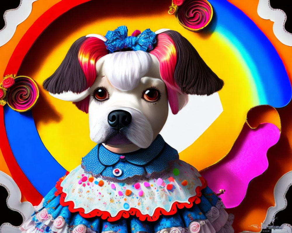 Colorful stylized dog with human-like eyes in blue collar and bow on rainbow swirl background