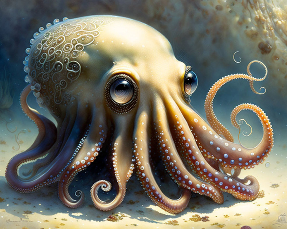 Detailed Digital Illustration of Ornate Octopus Against Underwater Backdrop