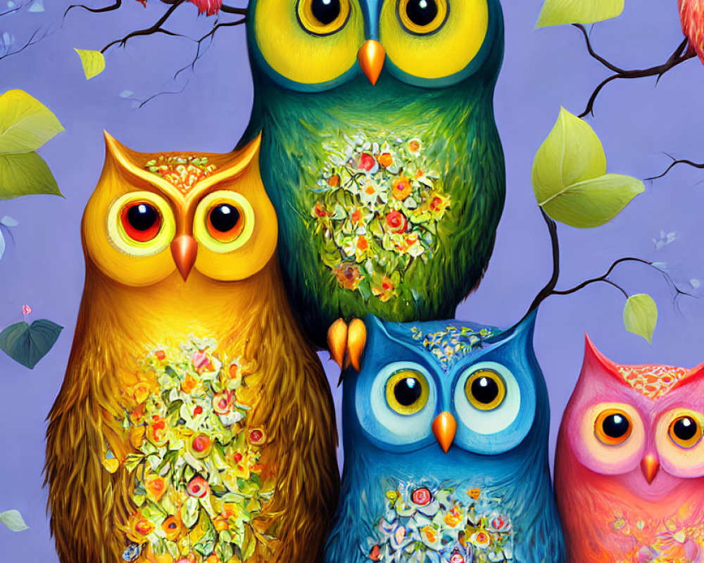 Colorful Owl Painting with Vibrant Feathers on Branches