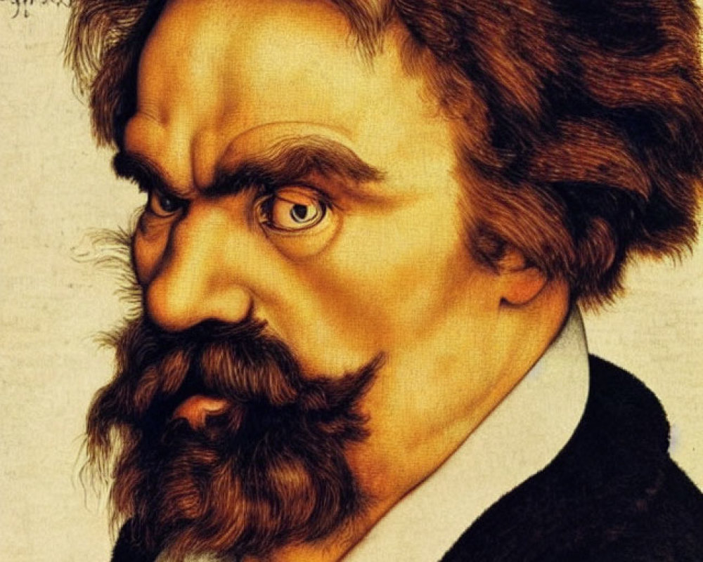 Intense gaze man with mustache and beard in black coat, old script background