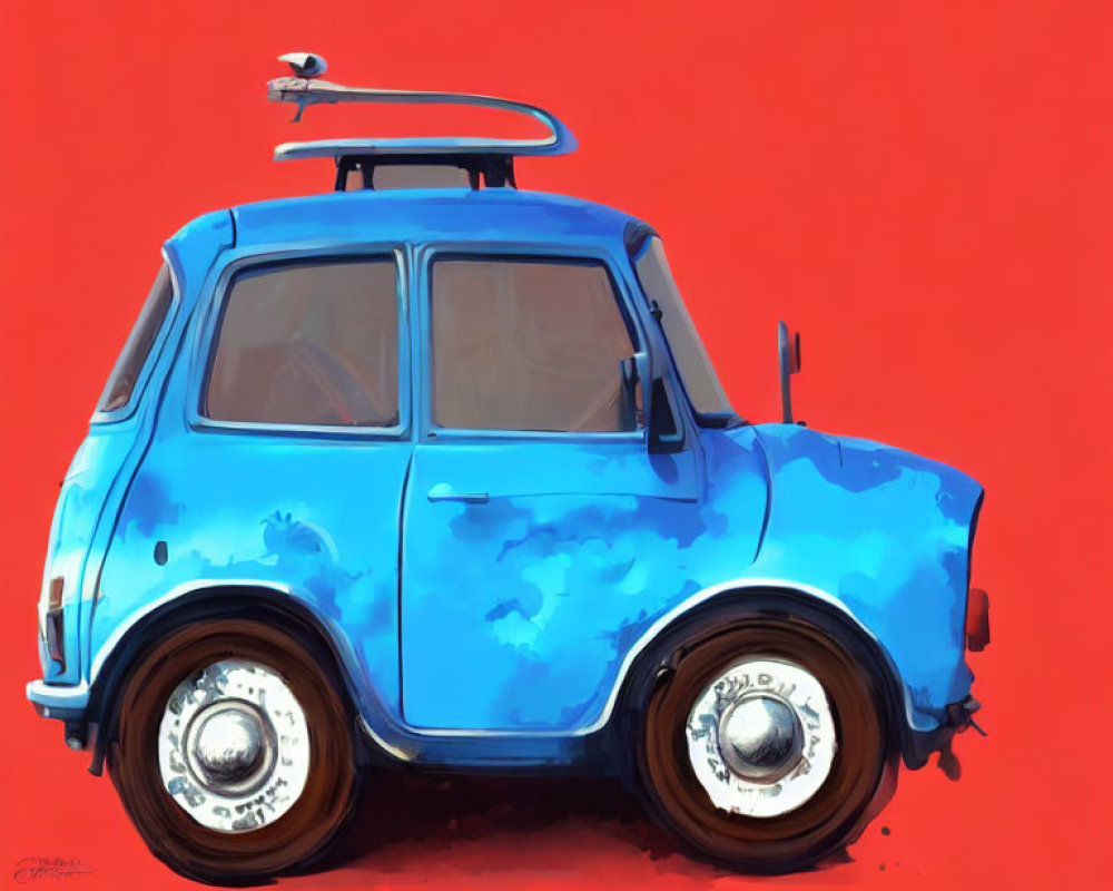 Blue Mini Car with Surfboard on Vibrant Red Background