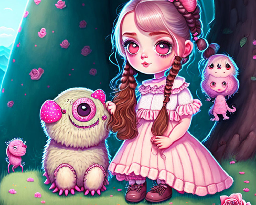 Illustration of girl with braids in magical forest with whimsical creatures.