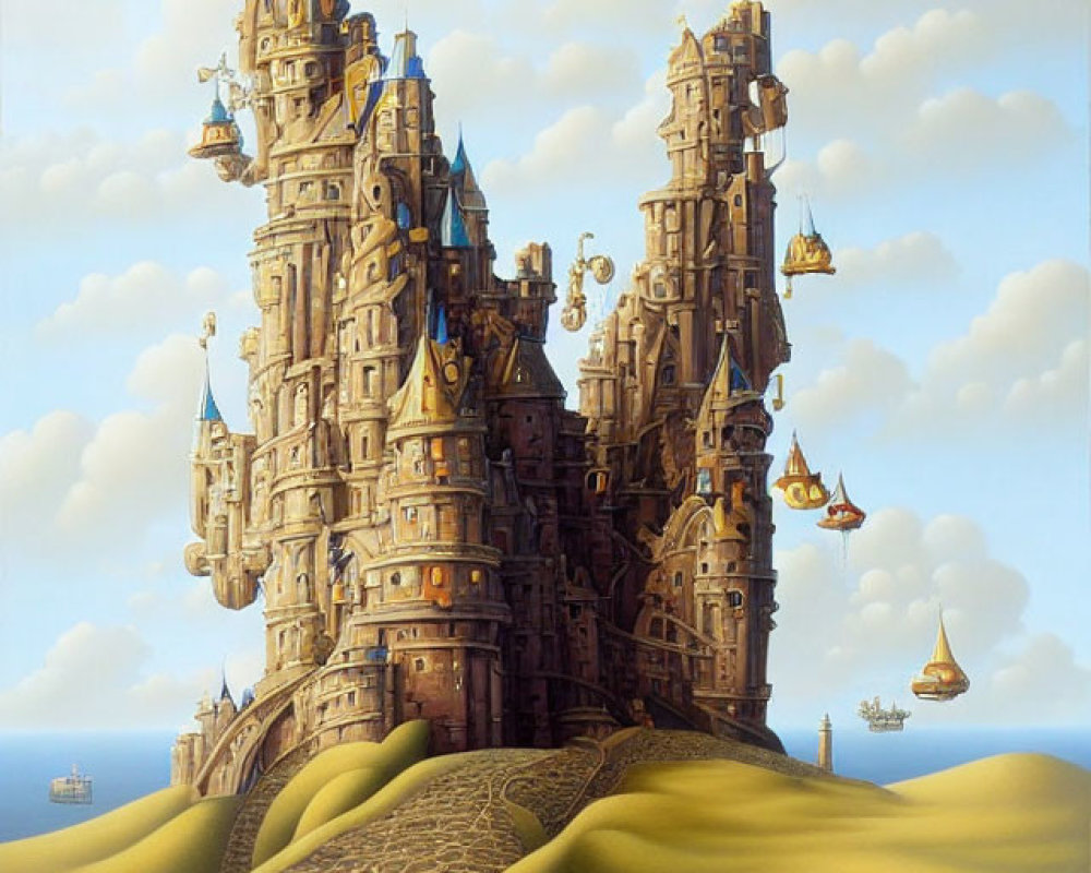 Fantastical castle above golden sand dunes with floating lanterns and ship