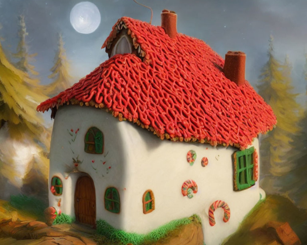 Whimsical house with red curly fries roof in enchanting forest