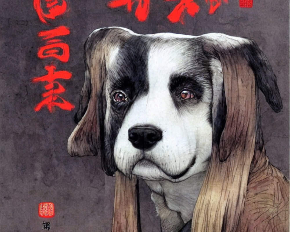 Illustration of solemn black and white dog with red Asian characters on grey backdrop