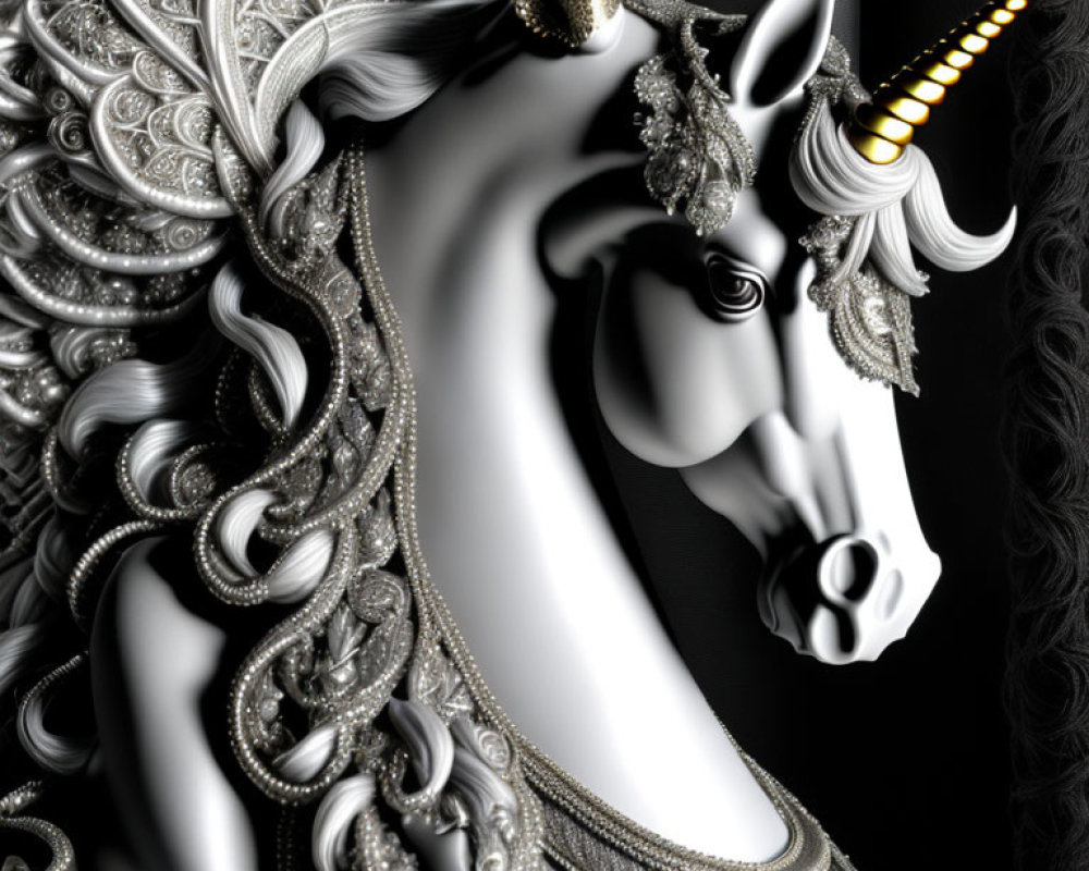 Detailed white unicorn with spiraled horn and silver & gold embellishments on black.