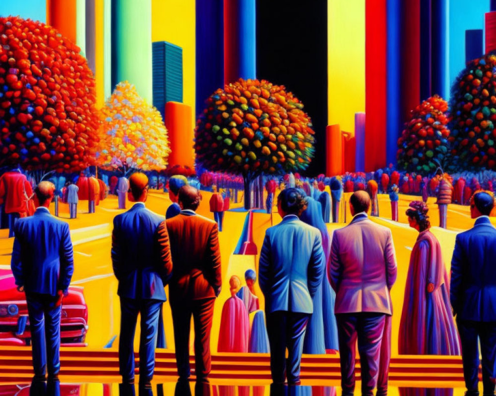 Vivid surreal artwork of people in suits walking towards vibrant cityscape