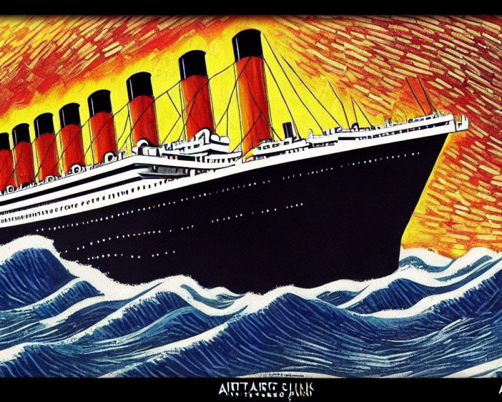 Vintage ocean liner sailing through blue waves under red-orange sky