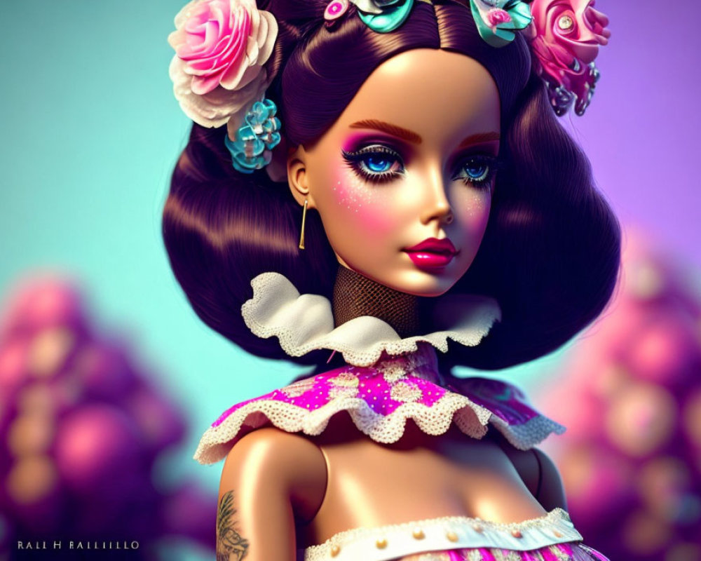 Digital portrait of doll with intricate makeup, floral hair accessories, ruffled neckpiece, and shoulder tattoo