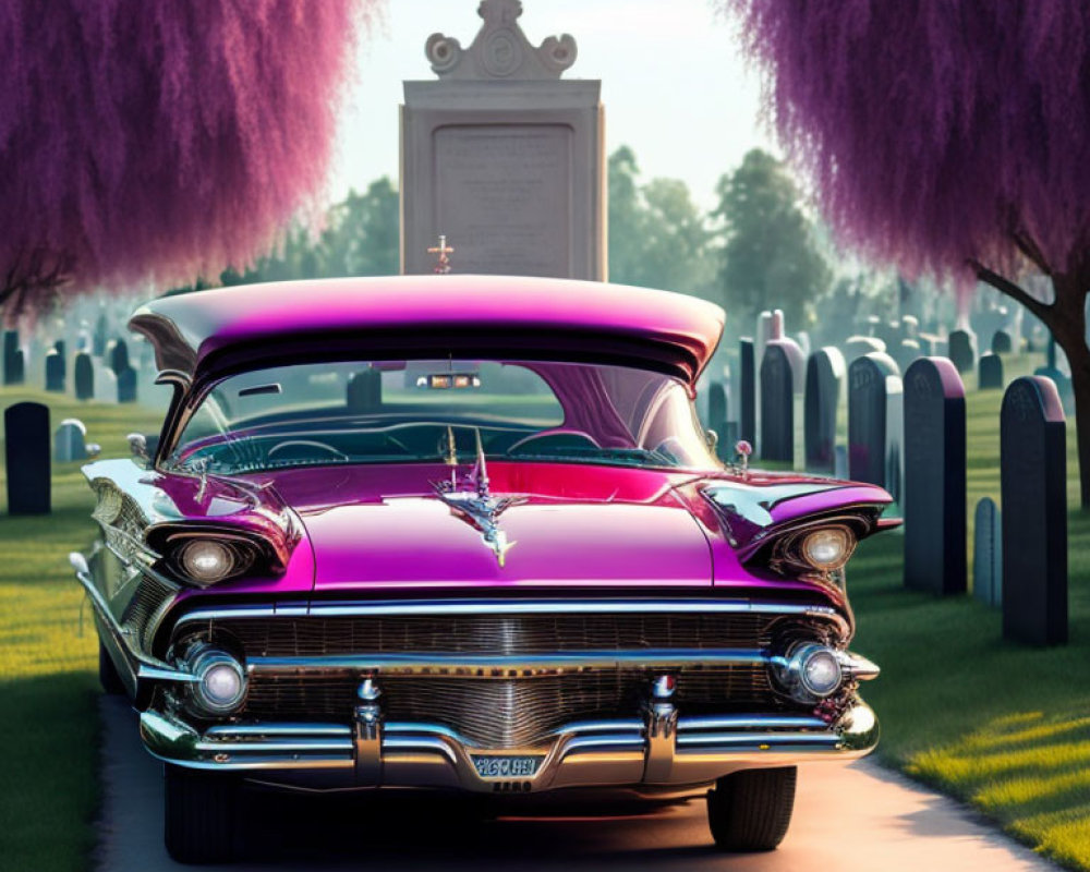 Vintage Car with Purple and Black Finish in Cemetery Setting