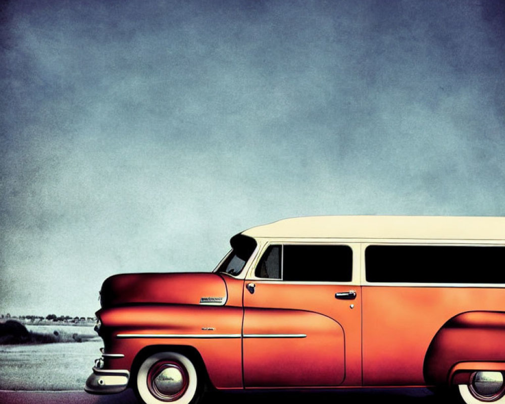 Classic Red and White Vintage Station Wagon Under Hazy Sky