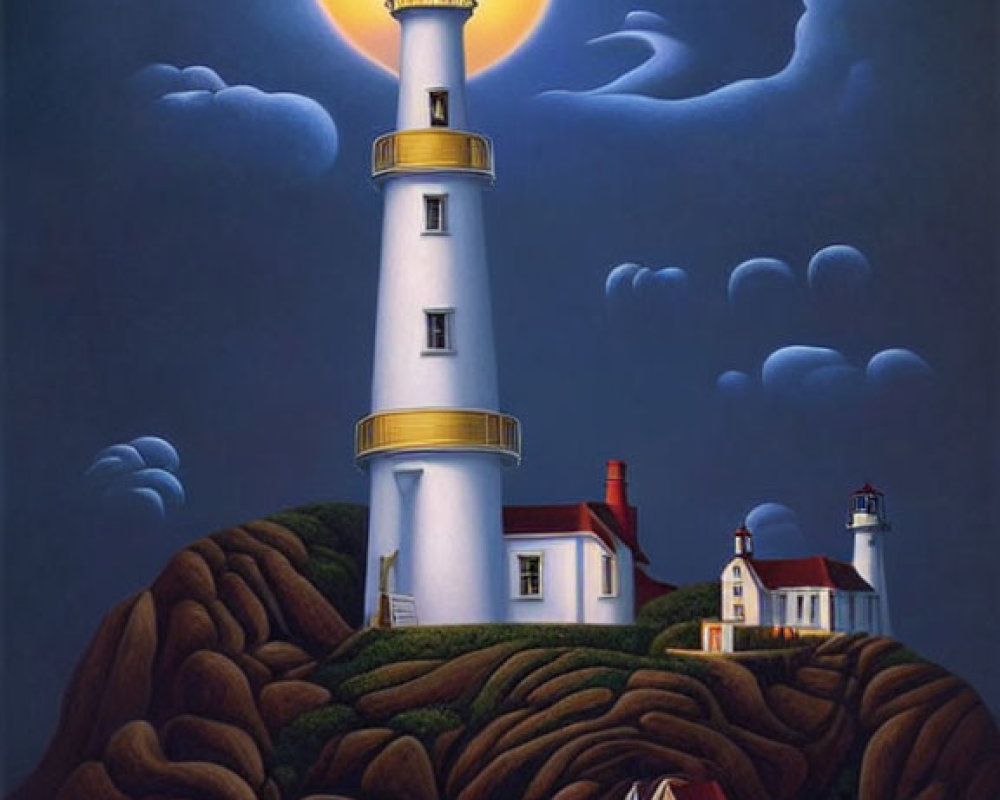 Surreal painting of lighthouse on brain-shaped cliffs under night sky