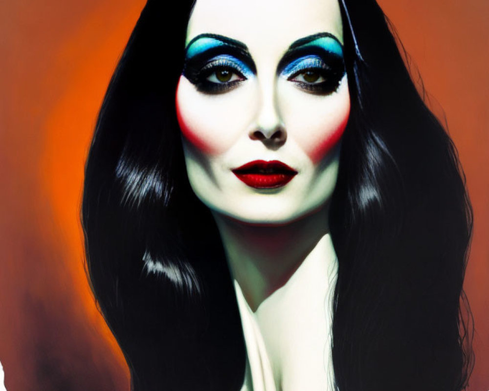 Portrait of Woman with Dark Hair, Blue Eyeshadow, Red Lips, Pale Skin, and Red