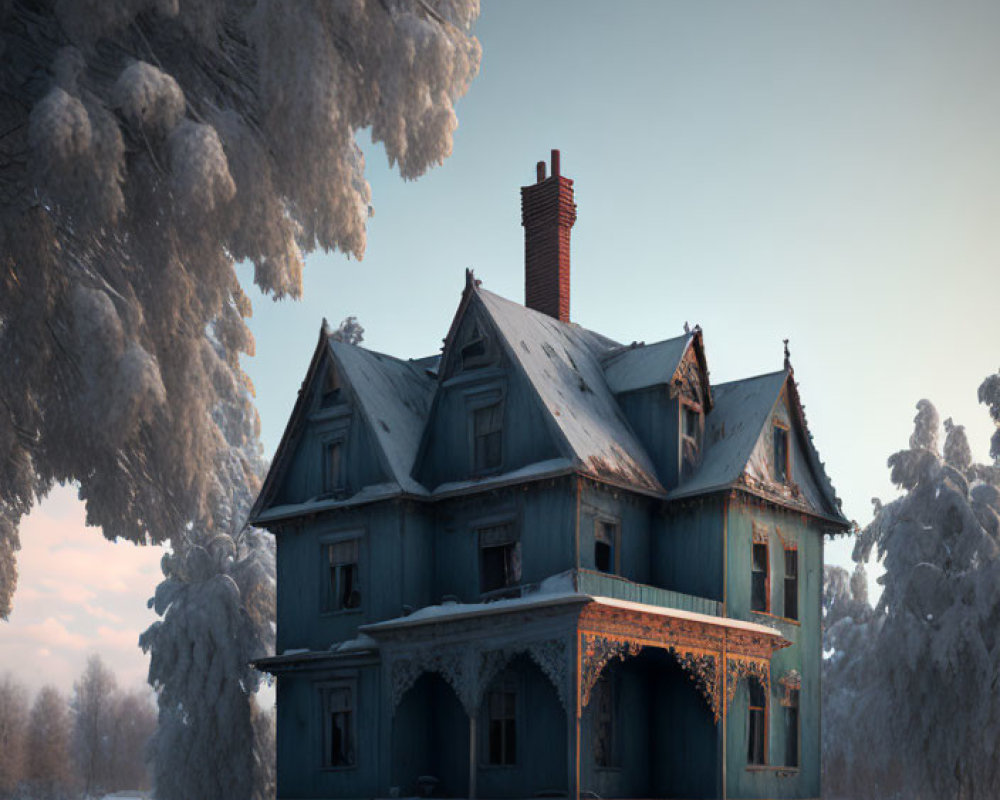 Victorian two-story house with tall chimney and snow-covered trees