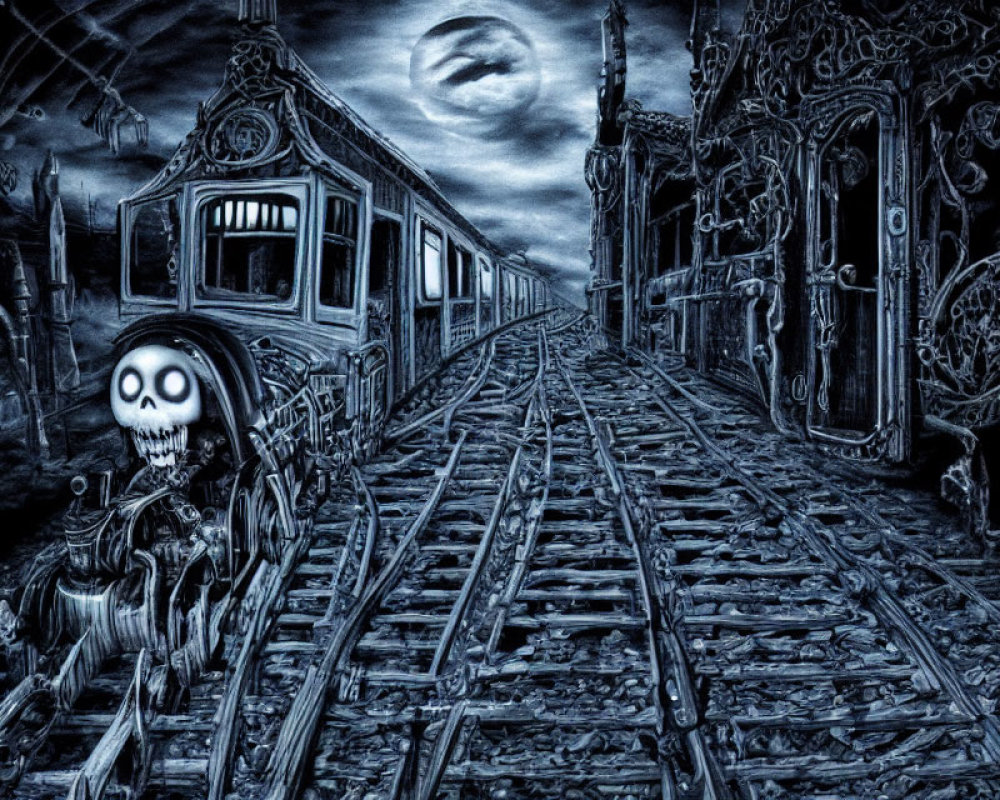 Monochrome eerie skeleton with cartoonish skull near train track and gothic archway under full moon