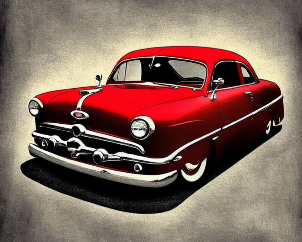 Digitally stylized red vintage car on textured gray background