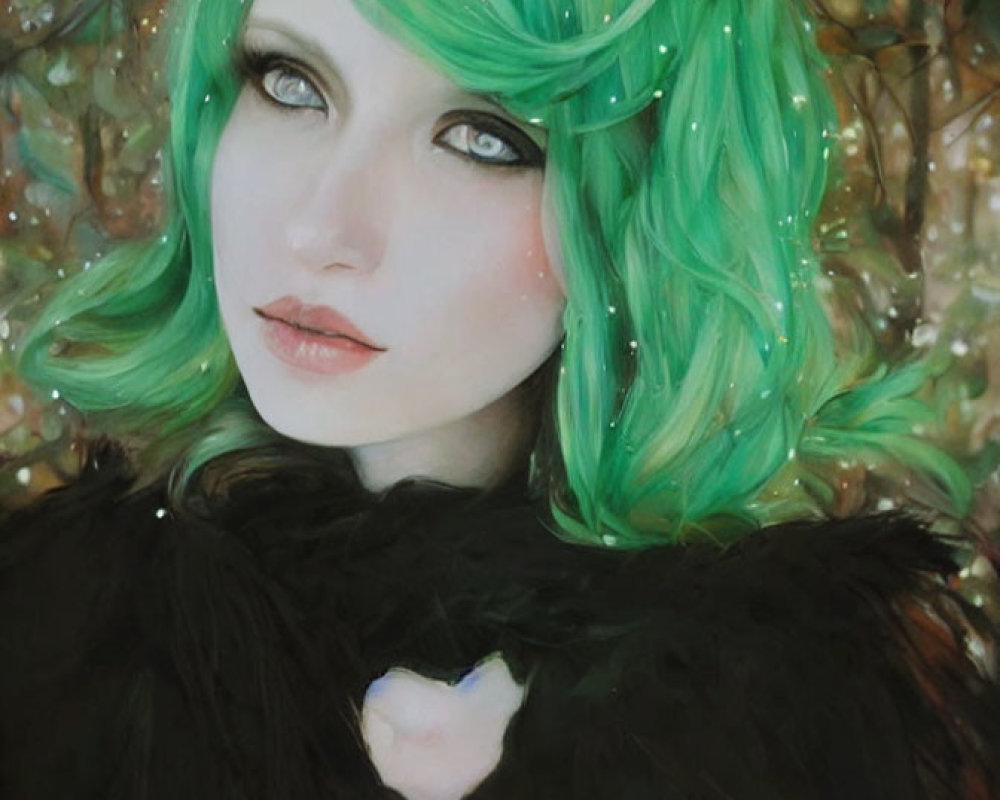 Vibrant green hair and blue eyes in dark furry outfit against snowy autumn backdrop