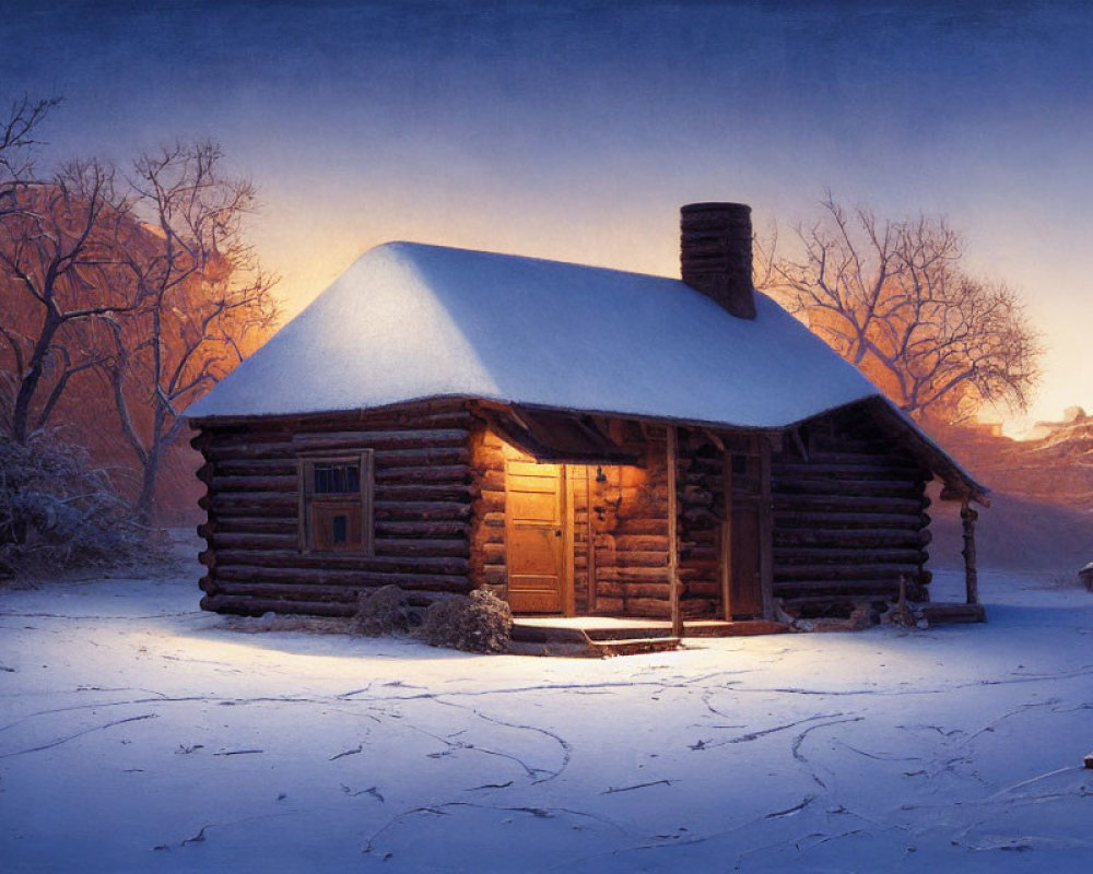 Snowy log cabin at dusk with warm glowing light and animal tracks