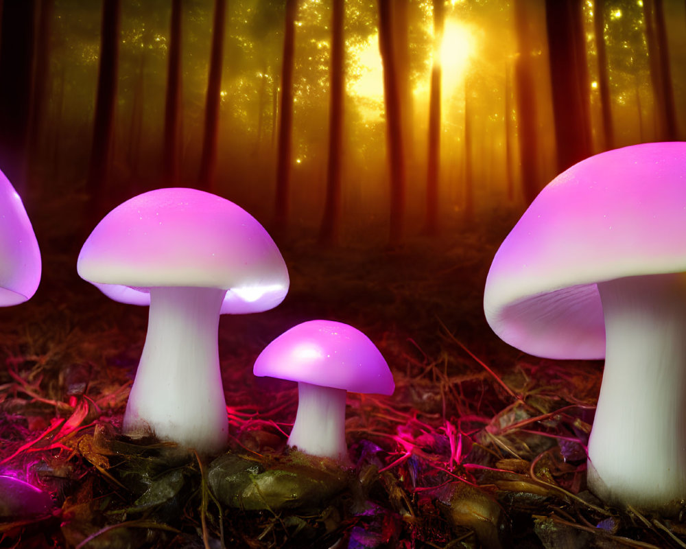 Glowing pink mushrooms in forest with golden light on trees