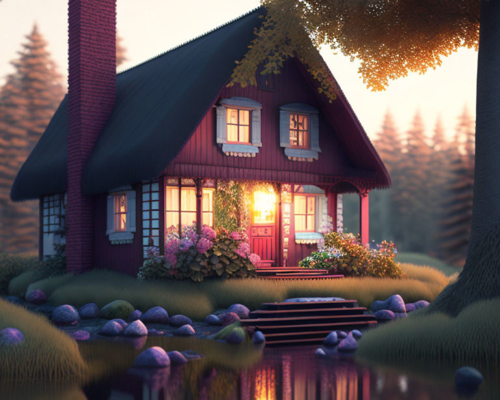 Red Wooden House with Lit Porch in Serene Sunset Ambiance