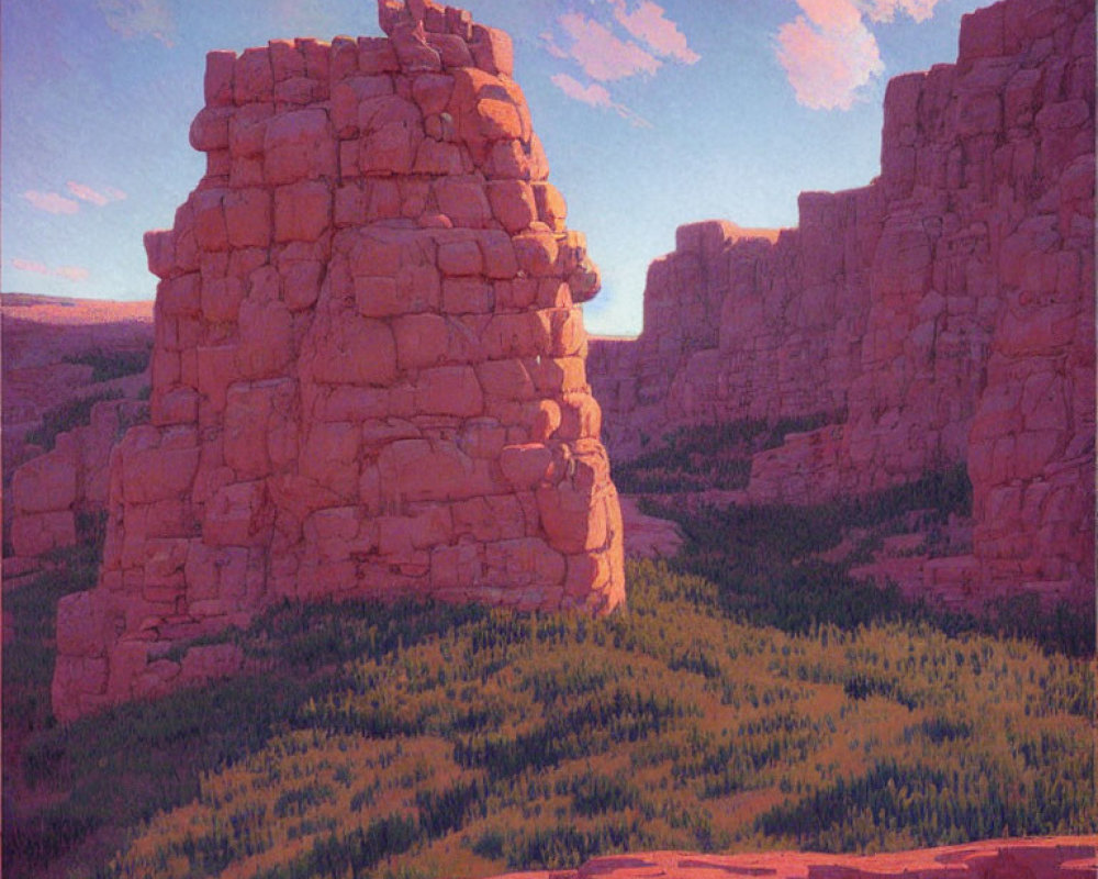 Person admiring majestic rock formations at sunrise or sunset above forested canyon