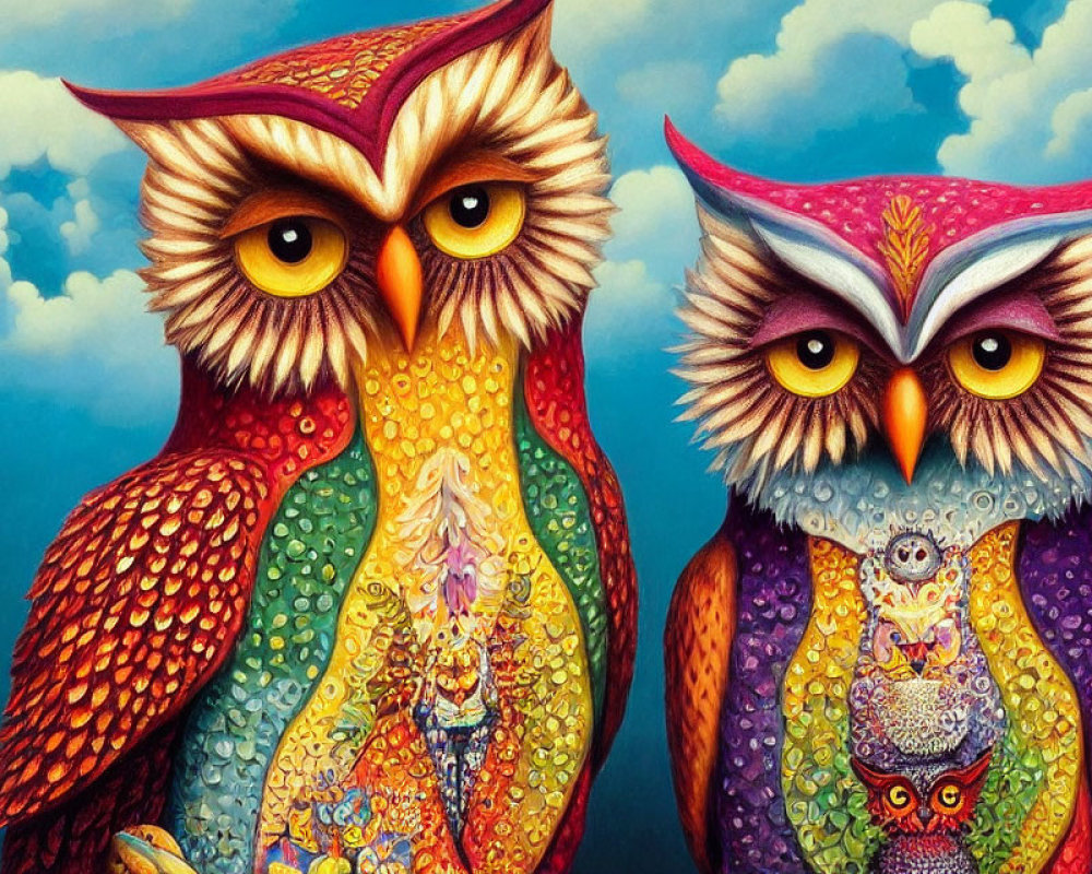 Colorful Stylized Owls with Expressive Eyes on Blue Background