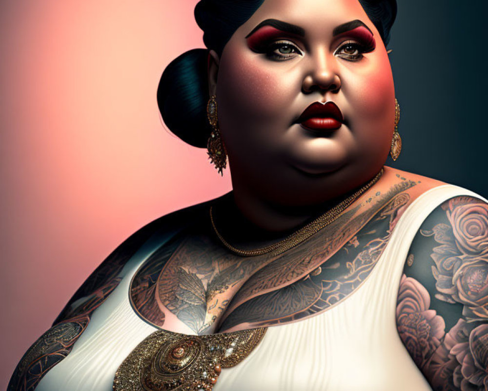 Digital portrait of stylish plus-size woman with elaborate tattoos and ornate jewelry