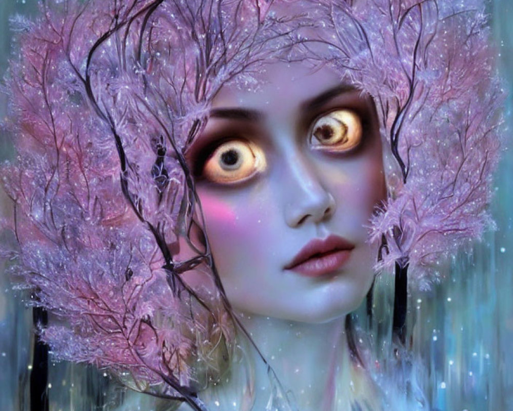 Fantasy portrait of female figure with golden eyes and pinkish tree branch headdress.