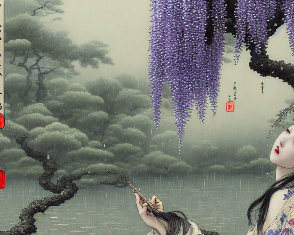 Woman in traditional attire under purple wisteria and misty green trees