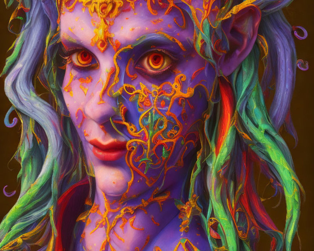 Colorful portrait of mystical being with blue skin and golden adornments