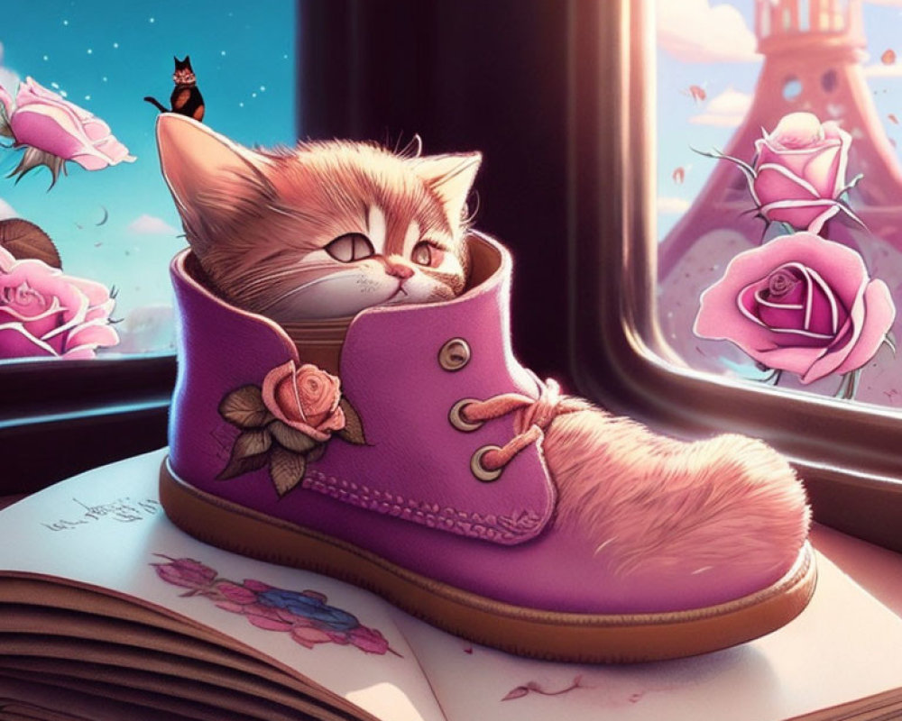 Illustration of kitten in purple shoe with book, roses, Eiffel Tower, pink sky